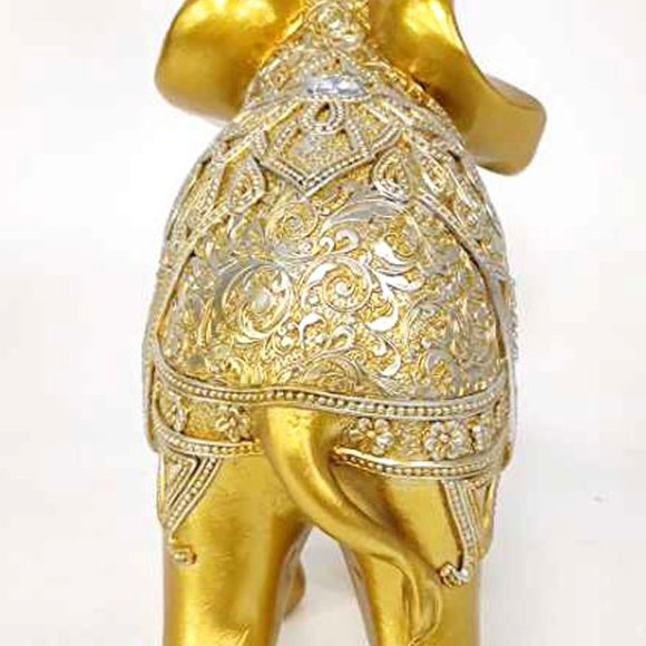 Set Of 2 Feng Shui 9”(H) Gold Color Elephants Statue With Trunk Facing Upwards - Picture 3 of 9